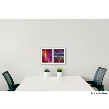 Colorful Bike Tracks Abstract artwork by Susan Bowen, shown as 12x18 print. Features bicycle tracks through wet paint yield a richly chromatic abstract diptych in red, orange, purple, and dark asphalt gray.