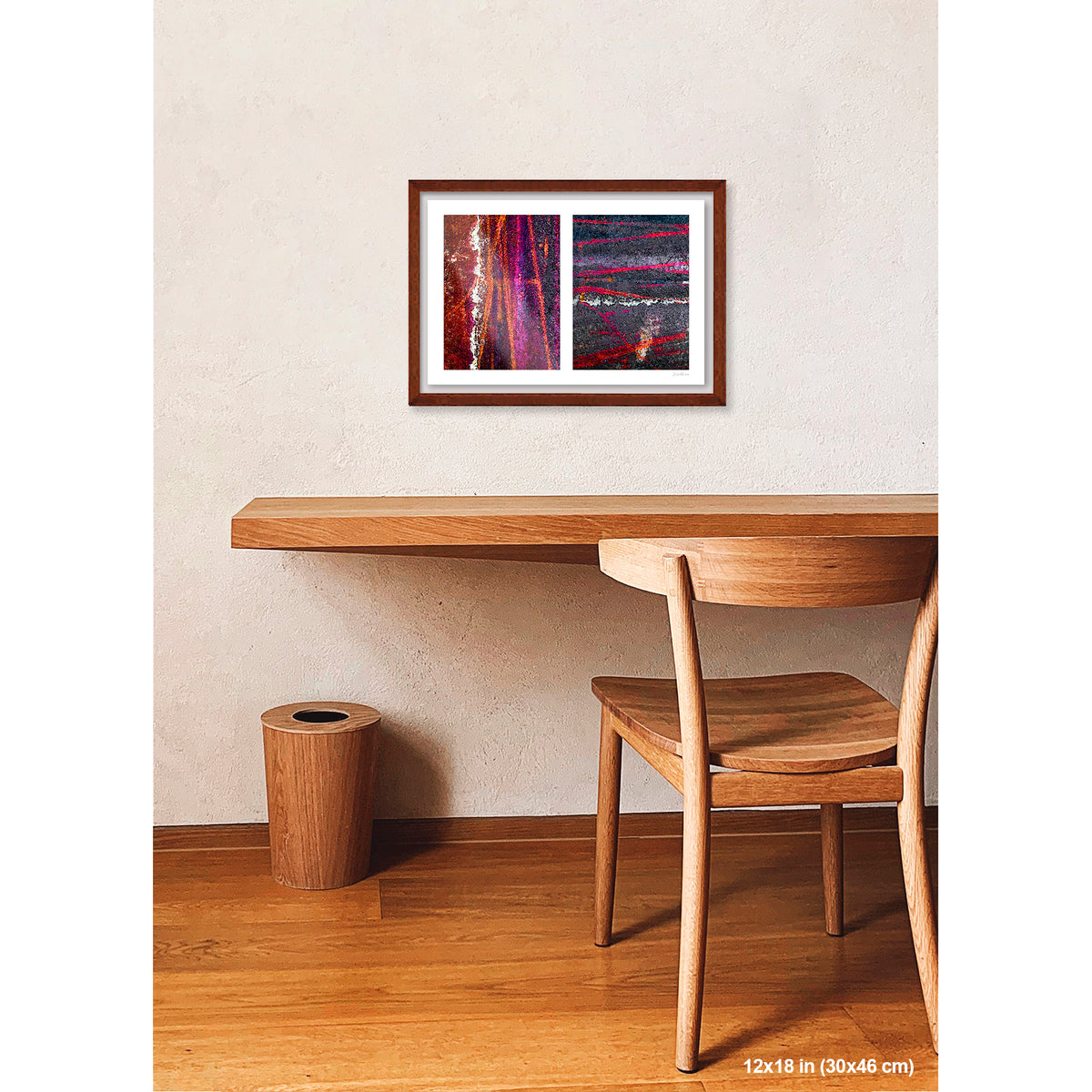 Colorful Bike Tracks Abstract artwork by Susan Bowen, shown as 12x18 framed print. Features bicycle tracks through wet paint yield a richly chromatic abstract diptych in red, orange, purple, and dark asphalt gray.