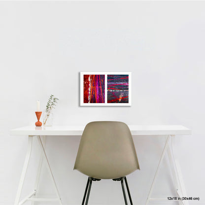Colorful Bike Tracks Abstract artwork by Susan Bowen, shown as 12x18 print. Features bicycle tracks through wet paint yield a richly chromatic abstract diptych in red, orange, purple, and dark asphalt gray.