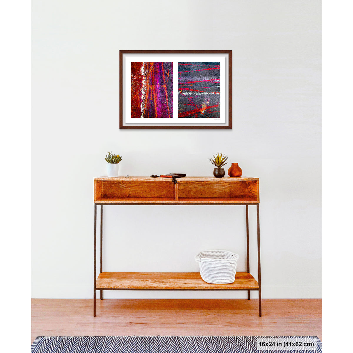 Colorful Bike Tracks Abstract artwork by Susan Bowen, shown as 16x24 framed print. Features bicycle tracks through wet paint yield a richly chromatic abstract diptych in red, orange, purple, and dark asphalt gray.