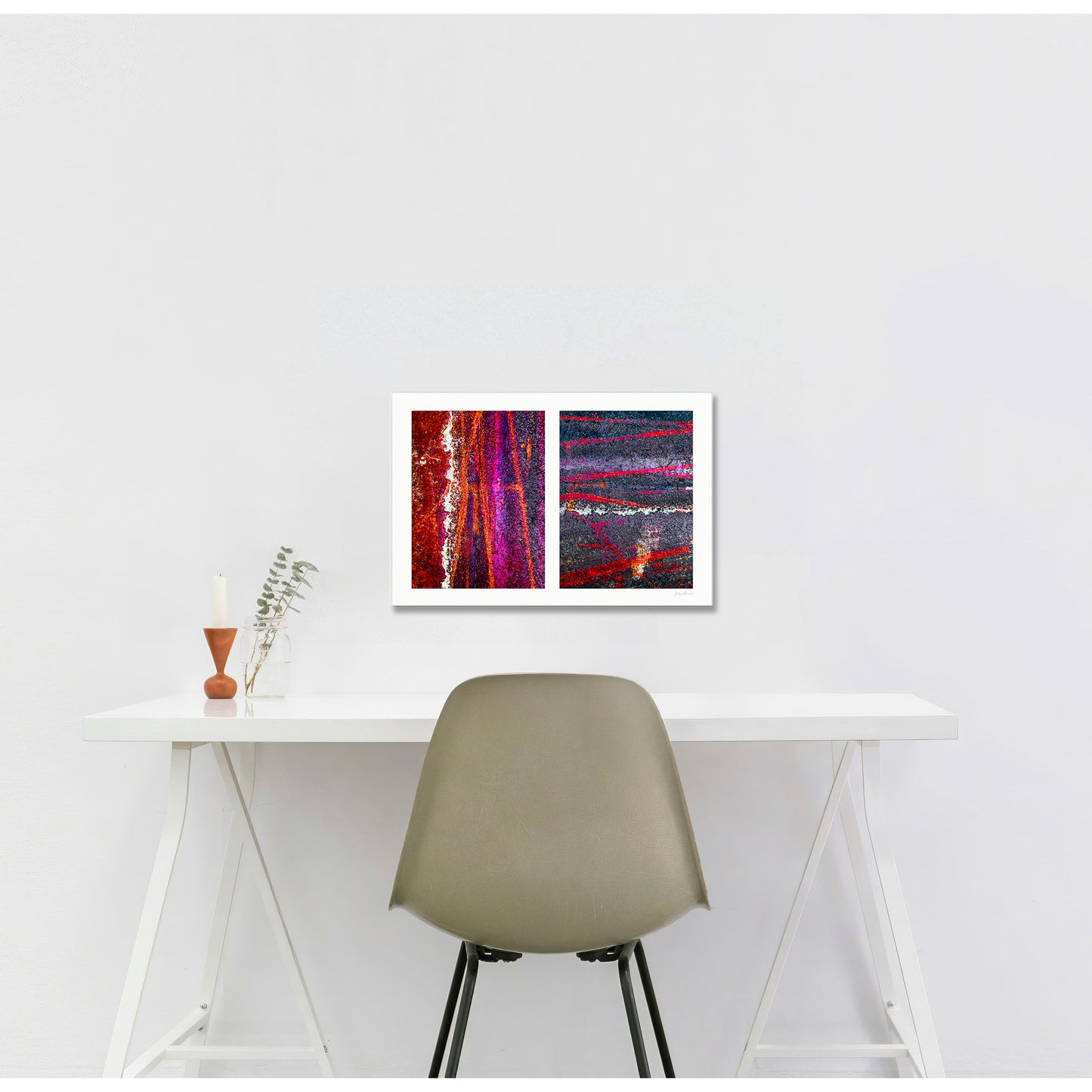 Abstract photograph diptych of colorful tire tracks on roadway