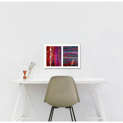 Abstract photograph diptych of colorful tire tracks on roadway