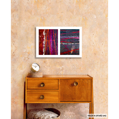 Colorful Bike Tracks Abstract artwork by Susan Bowen, shown as 16x24 print. Features bicycle tracks through wet paint yield a richly chromatic abstract diptych in red, orange, purple, and dark asphalt gray.