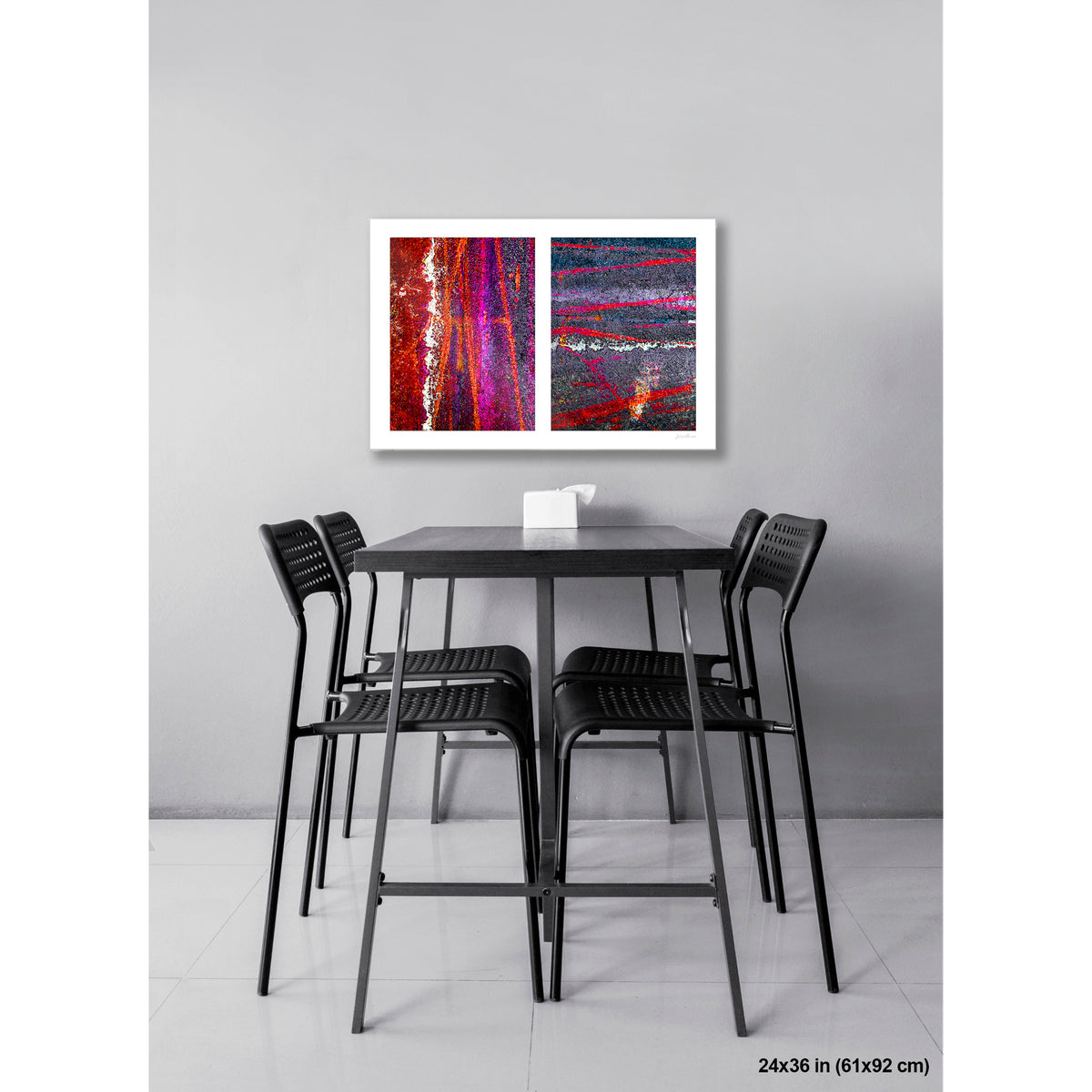 Colorful Bike Tracks Abstract artwork by Susan Bowen, shown as 24x36 print. Features bicycle tracks through wet paint yield a richly chromatic abstract diptych in red, orange, purple, and dark asphalt gray.