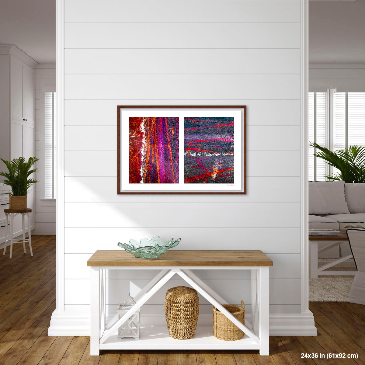Colorful Bike Tracks Abstract artwork by Susan Bowen, shown as 24x36 framed print. Features bicycle tracks through wet paint yield a richly chromatic abstract diptych in red, orange, purple, and dark asphalt gray.