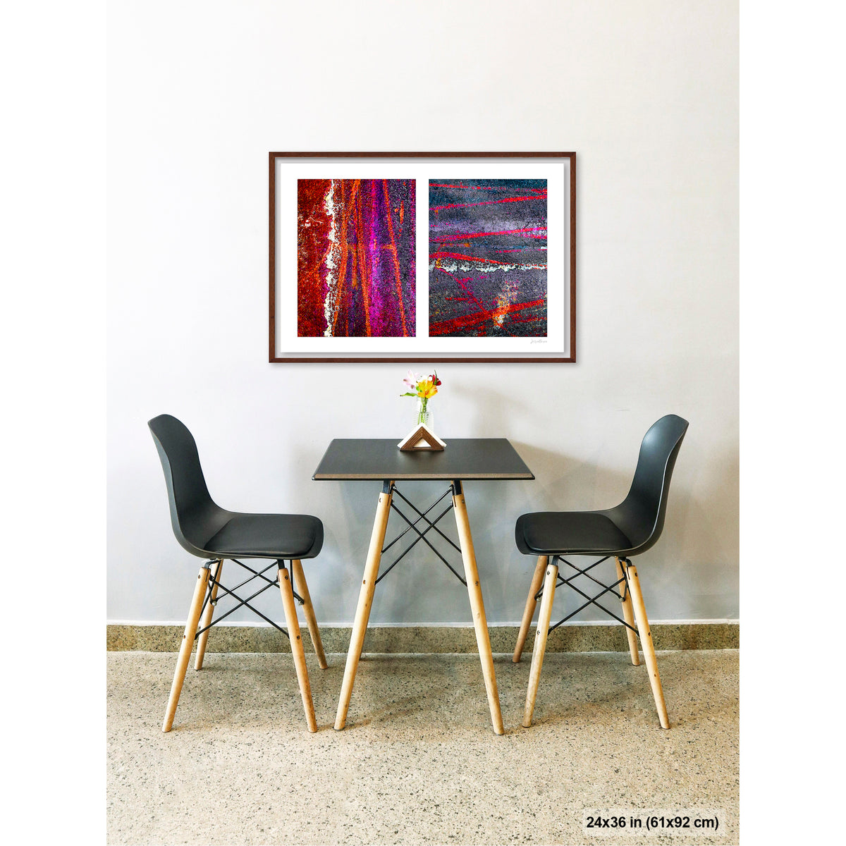 Colorful Bike Tracks Abstract artwork by Susan Bowen, shown as 24x36 framed print. Features bicycle tracks through wet paint yield a richly chromatic abstract diptych in red, orange, purple, and dark asphalt gray.