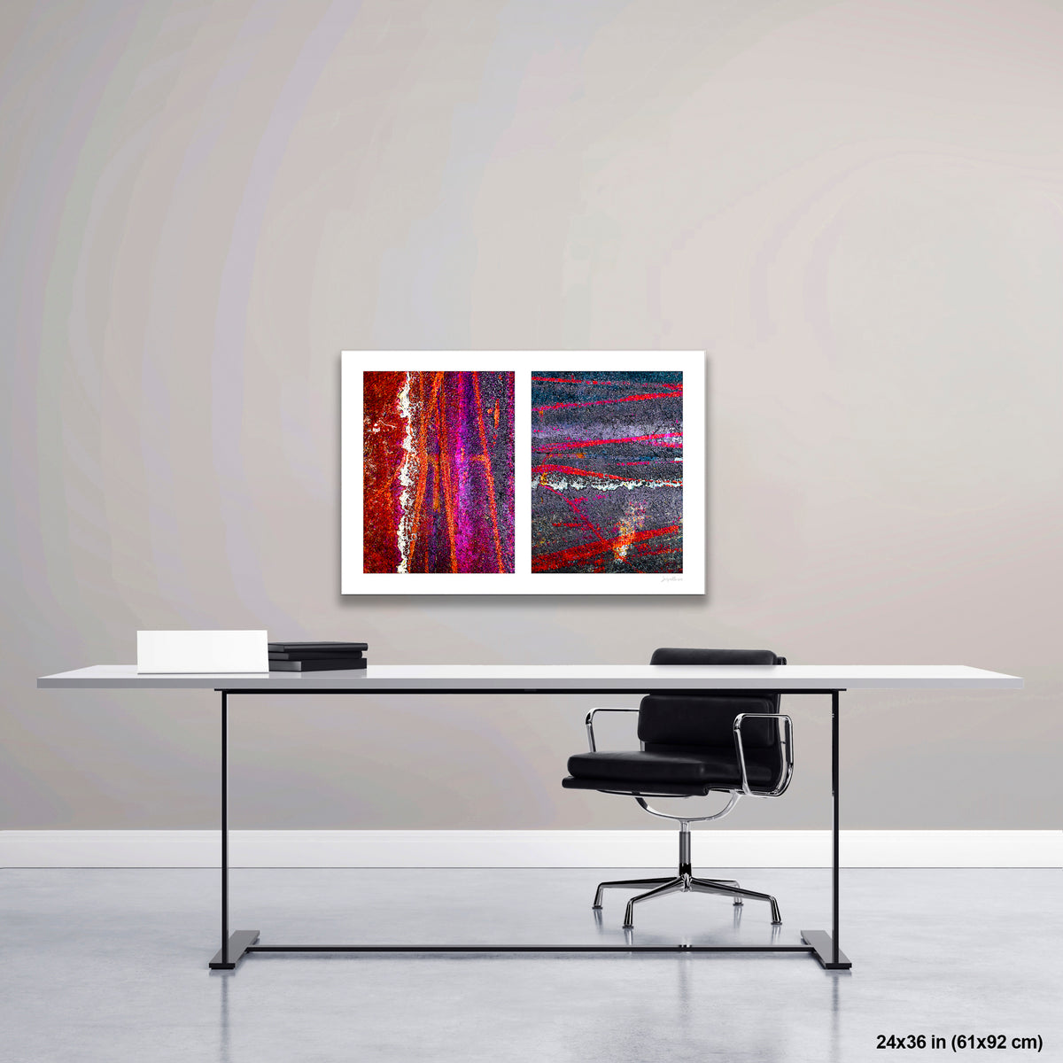Colorful Bike Tracks Abstract artwork by Susan Bowen, shown as 24x36 print. Features bicycle tracks through wet paint yield a richly chromatic abstract diptych in red, orange, purple, and dark asphalt gray.