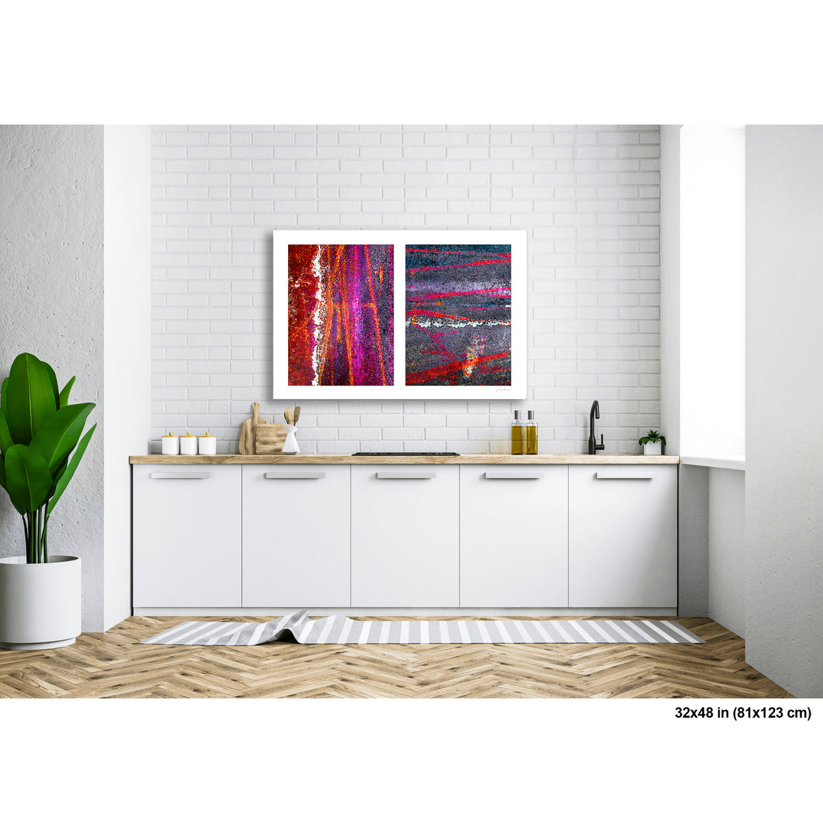 Colorful Bike Tracks Abstract artwork by Susan Bowen, shown as 32x48 print. Features bicycle tracks through wet paint yield a richly chromatic abstract diptych in red, orange, purple, and dark asphalt gray.