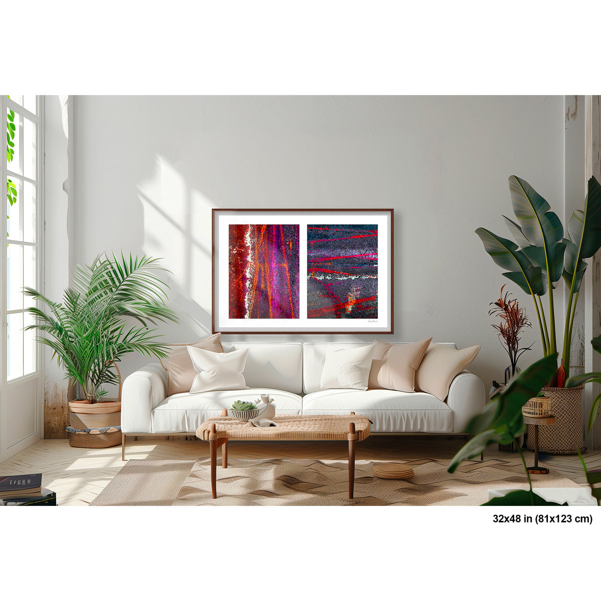 Colorful Bike Tracks Abstract artwork by Susan Bowen, shown as 32x48 framed print. Features bicycle tracks through wet paint yield a richly chromatic abstract diptych in red, orange, purple, and dark asphalt gray.