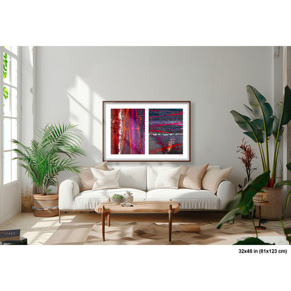 Colorful Bike Tracks Abstract artwork by Susan Bowen, shown as 32x48 framed print. Features bicycle tracks through wet paint yield a richly chromatic abstract diptych in red, orange, purple, and dark asphalt gray.