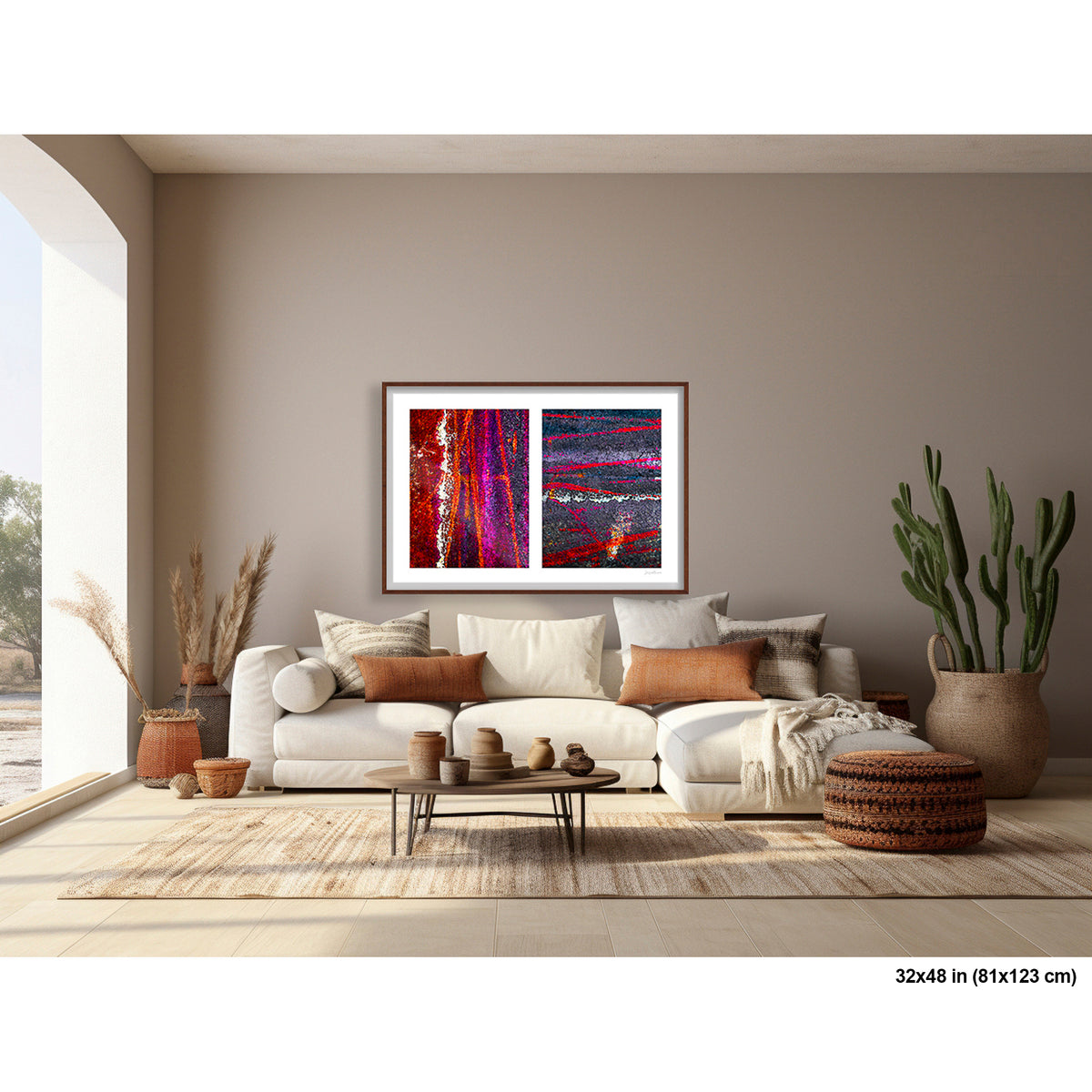 Colorful Bike Tracks Abstract artwork by Susan Bowen, shown as 32x48 framed print. Features bicycle tracks through wet paint yield a richly chromatic abstract diptych in red, orange, purple, and dark asphalt gray.