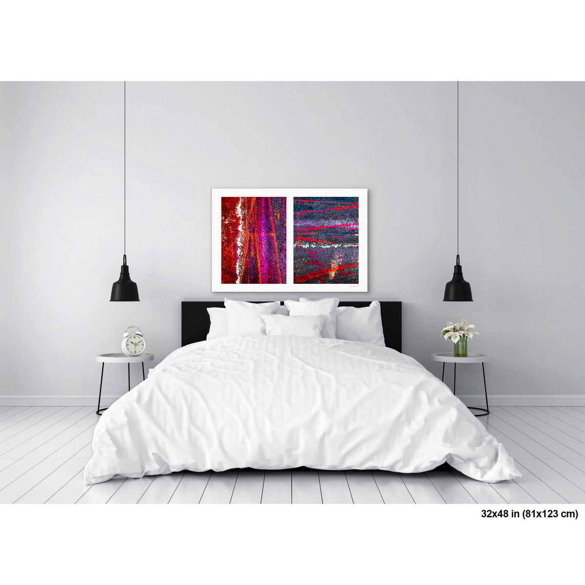 Colorful Bike Tracks Abstract artwork by Susan Bowen, shown as 32x48 print. Features bicycle tracks through wet paint yield a richly chromatic abstract diptych in red, orange, purple, and dark asphalt gray.