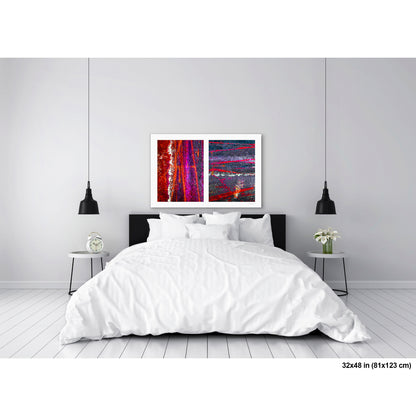 Colorful Bike Tracks Abstract artwork by Susan Bowen, shown as 32x48 print. Features bicycle tracks through wet paint yield a richly chromatic abstract diptych in red, orange, purple, and dark asphalt gray.