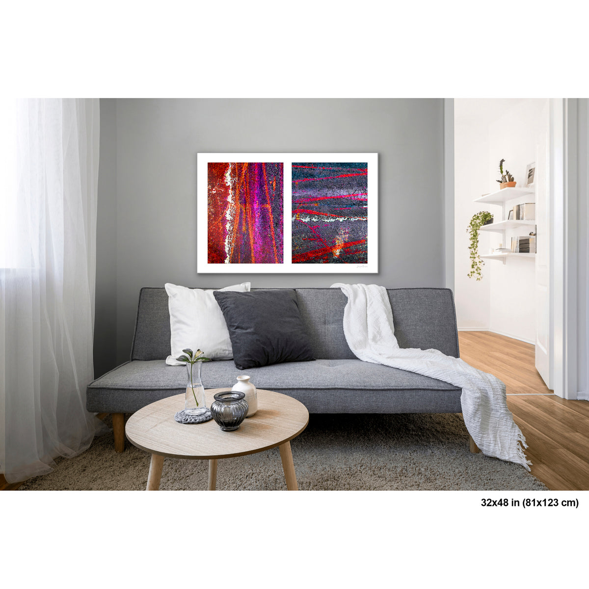 Colorful Bike Tracks Abstract artwork by Susan Bowen, shown as 32x48 print. Features bicycle tracks through wet paint yield a richly chromatic abstract diptych in red, orange, purple, and dark asphalt gray.