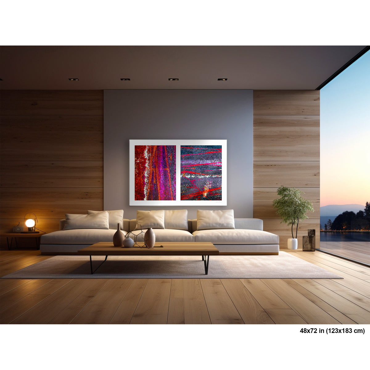 Colorful Bike Tracks Abstract artwork by Susan Bowen, shown as 48x72 print. Features bicycle tracks through wet paint yield a richly chromatic abstract diptych in red, orange, purple, and dark asphalt gray.