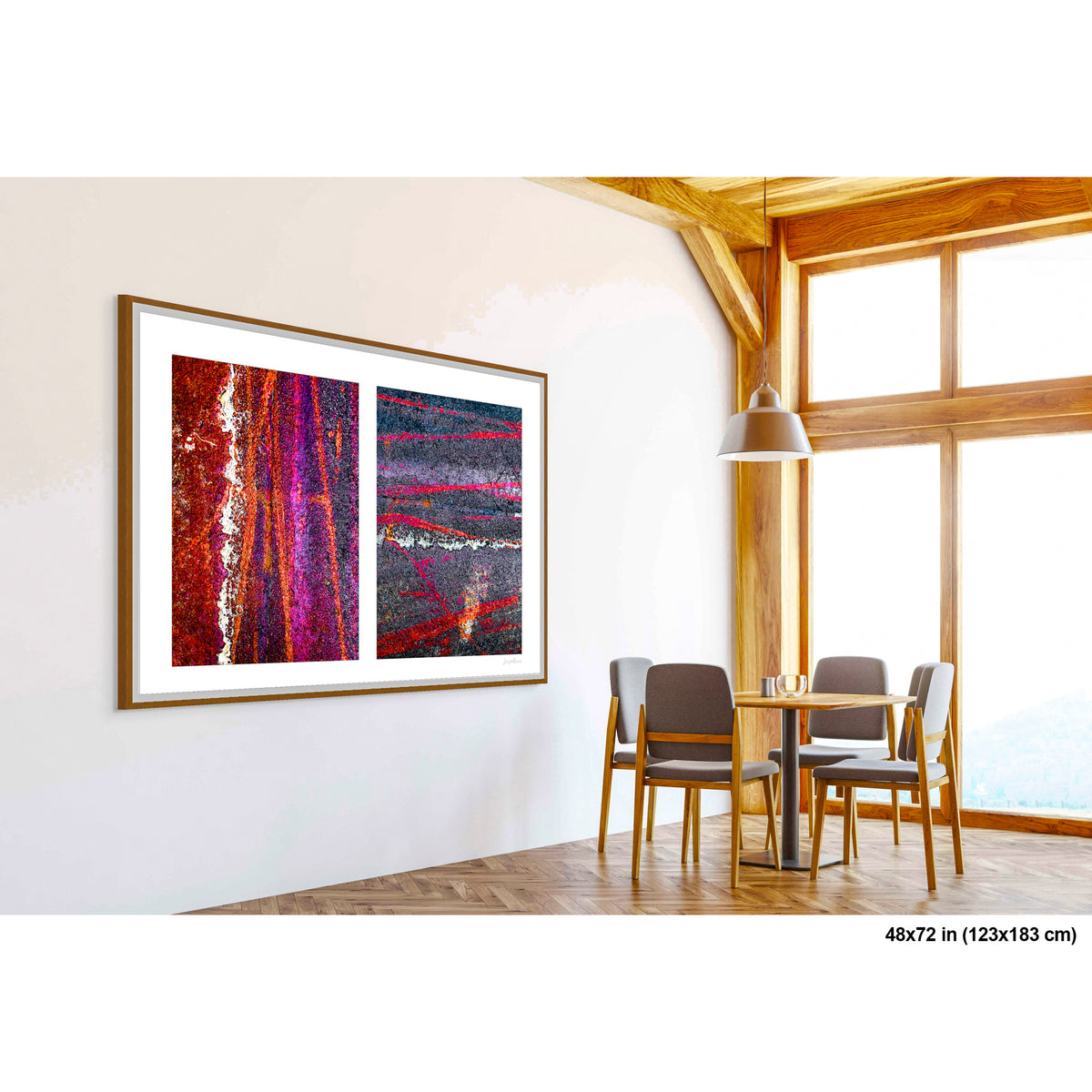 Colorful Bike Tracks Abstract artwork by Susan Bowen, shown as 48x72 framed print. Features bicycle tracks through wet paint yield a richly chromatic abstract diptych in red, orange, purple, and dark asphalt gray.