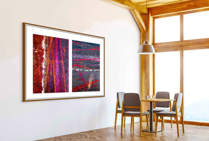 Abstract photograph diptych of colorful tire tracks on roadway