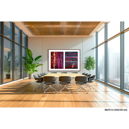 Colorful Bike Tracks Abstract artwork by Susan Bowen, shown as 48x72 framed print. Features bicycle tracks through wet paint yield a richly chromatic abstract diptych in red, orange, purple, and dark asphalt gray.