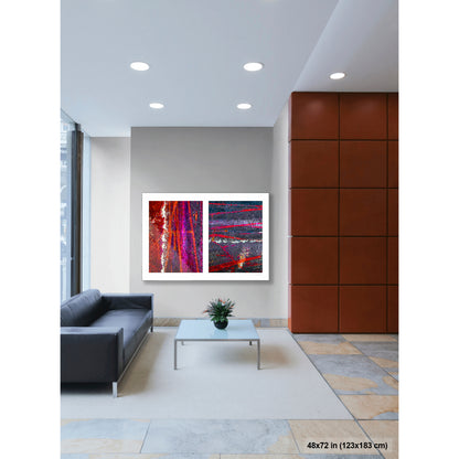 Colorful Bike Tracks Abstract artwork by Susan Bowen, shown as 48x72 print. Features bicycle tracks through wet paint yield a richly chromatic abstract diptych in red, orange, purple, and dark asphalt gray.