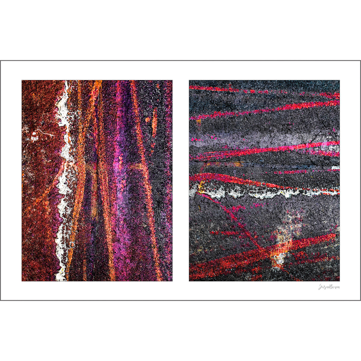 Colorful Bike Tracks Abstract artwork by Susan Bowen. Features bicycle tracks through wet paint yield a richly chromatic abstract diptych in red, orange, purple, and dark asphalt gray.