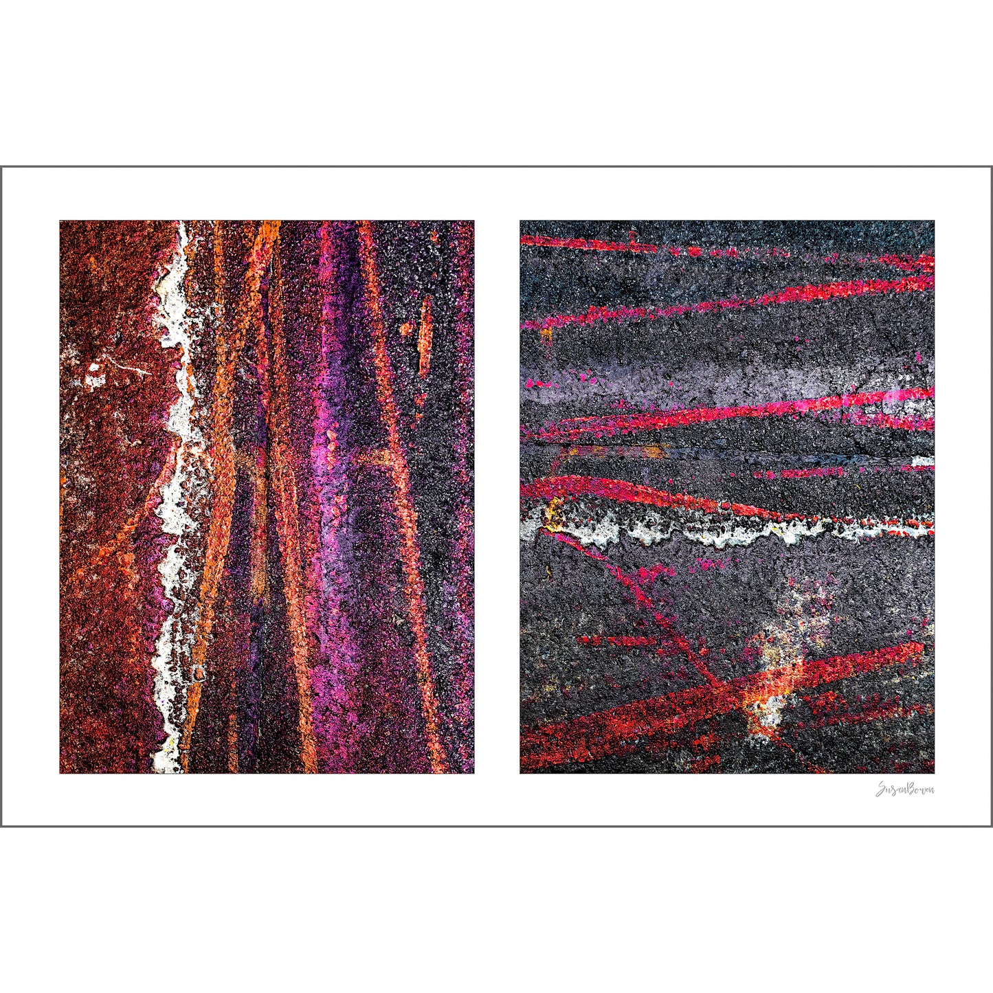Abstract photograph diptych of colorful tire tracks on roadway
