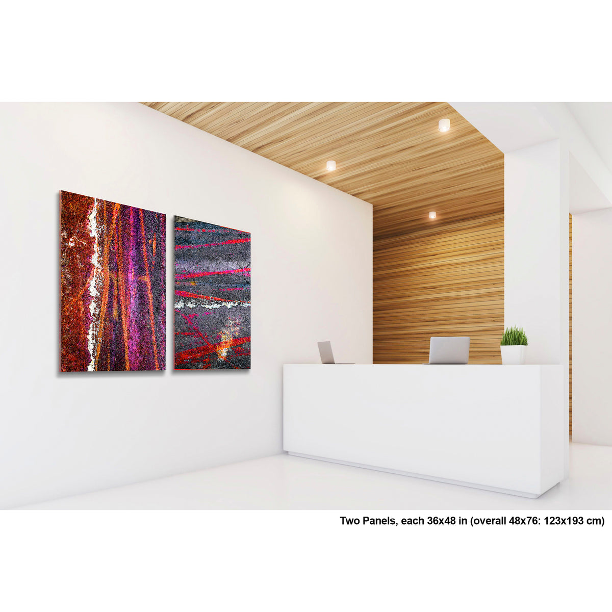 Colorful Bike Tracks Abstract artwork by Susan Bowen. Two panels each 36x48 in; overall 48x76 in. Features bicycle tracks through wet paint yield a richly chromatic abstract diptych in red, orange, purple, and dark asphalt gray.