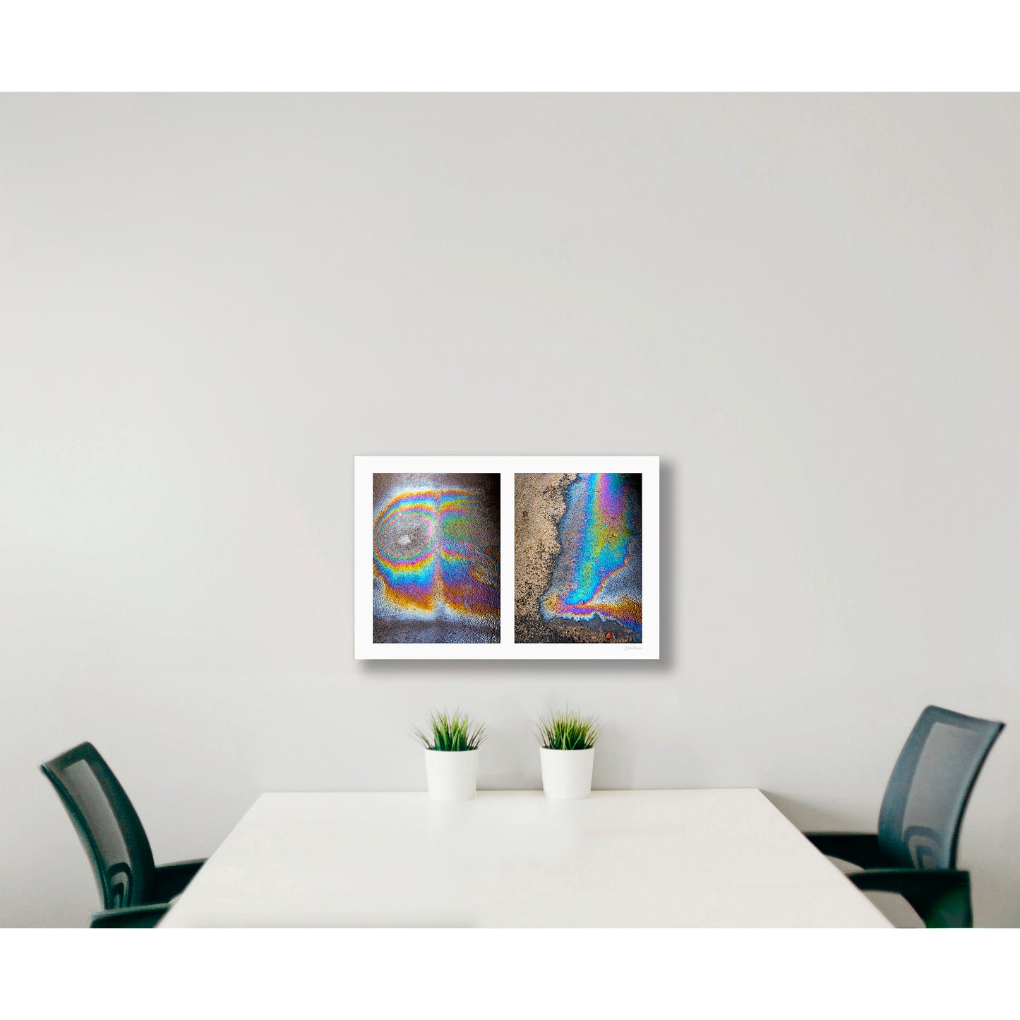 A diptych of two abstract photographs of oil spills on an asphalt surface, with vibrant multicolored patterns.