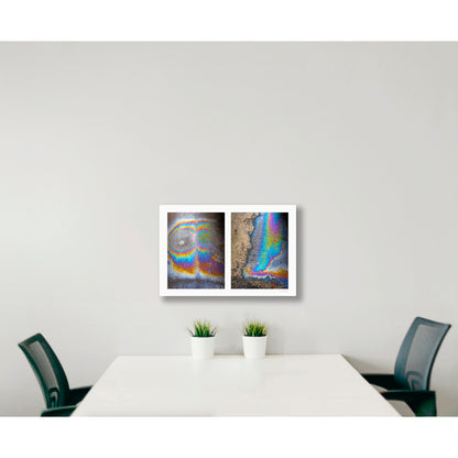 A diptych of two abstract photographs of oil spills on an asphalt surface, with vibrant multicolored patterns.