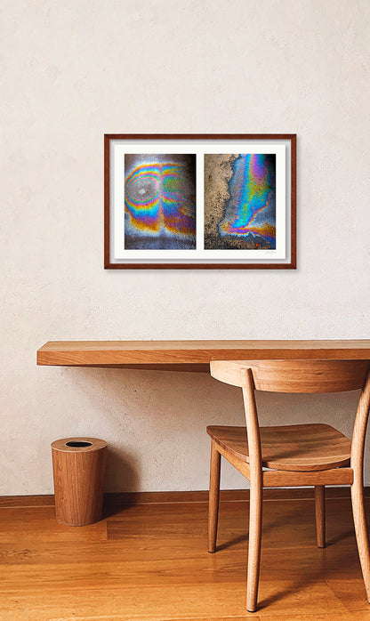 A diptych of two abstract photographs of oil spills on an asphalt surface, with vibrant multicolored patterns.