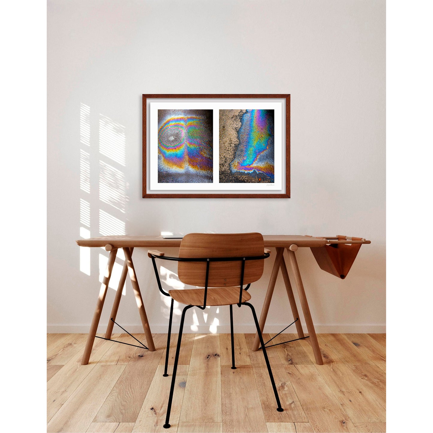 A diptych of two abstract photographs of oil spills on an asphalt surface, with vibrant multicolored patterns.