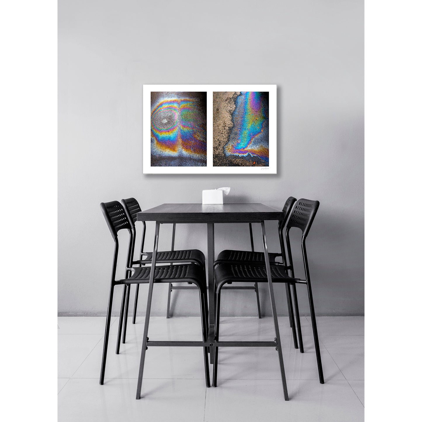 A diptych of two abstract photographs of oil spills on an asphalt surface, with vibrant multicolored patterns.