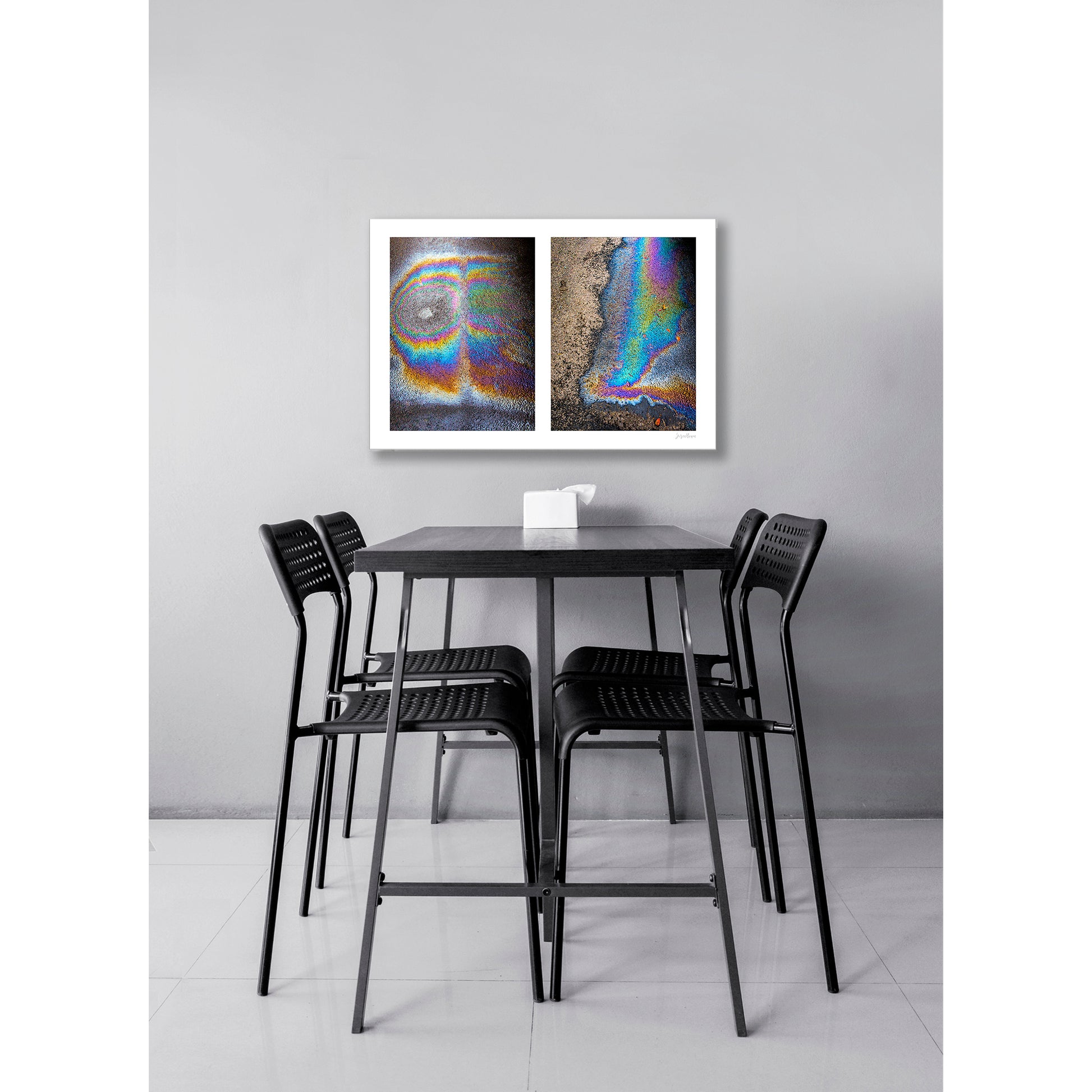 A diptych of two abstract photographs of oil spills on an asphalt surface, with vibrant multicolored patterns.