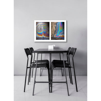 A diptych of two abstract photographs of oil spills on an asphalt surface, with vibrant multicolored patterns.