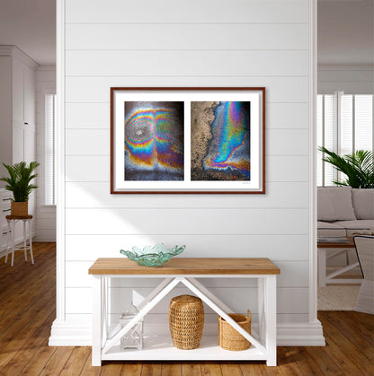 A diptych of two abstract photographs of oil spills on an asphalt surface, with vibrant multicolored patterns.