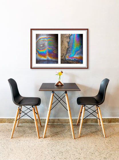 A diptych of two abstract photographs of oil spills on an asphalt surface, with vibrant multicolored patterns.