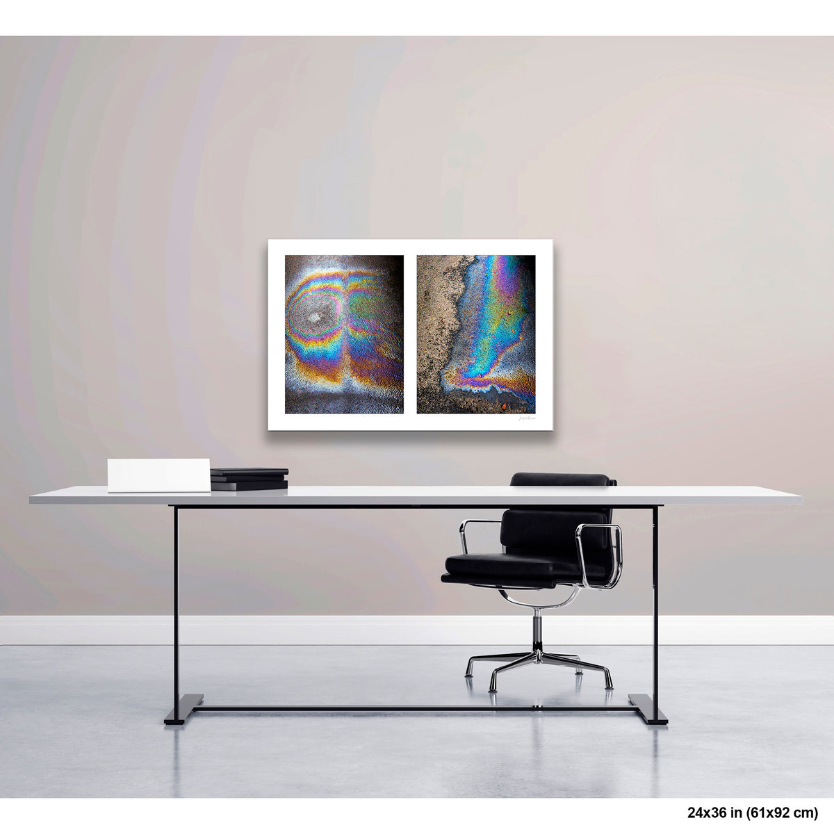 Oil Spill Pair artwork by Susan Bowen, shown as 24x36 print. Features iridescent oil spills on wet asphalt photographed as vivid abstract diptych, cycling through rainbow hues of blue, gold, and violet.