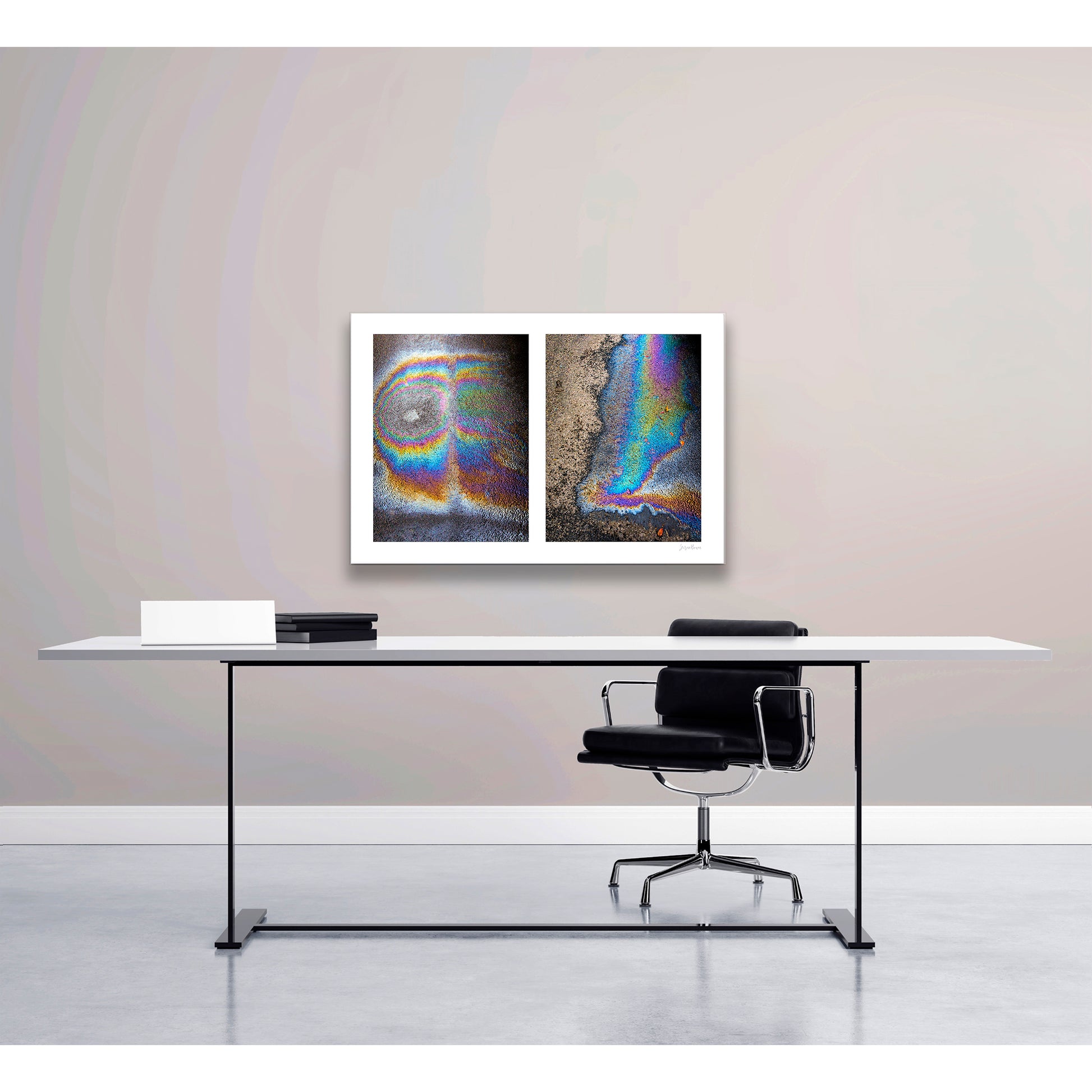 A diptych of two abstract photographs of oil spills on an asphalt surface, with vibrant multicolored patterns.