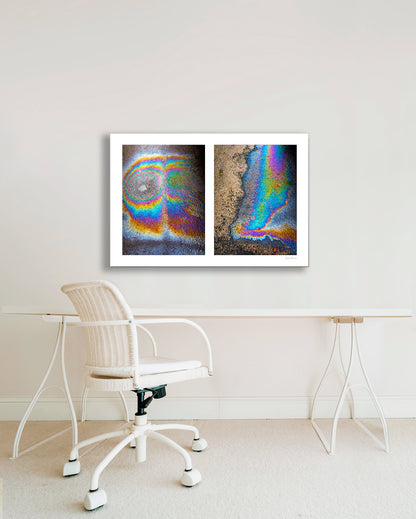 A diptych of two abstract photographs of oil spills on an asphalt surface, with vibrant multicolored patterns.