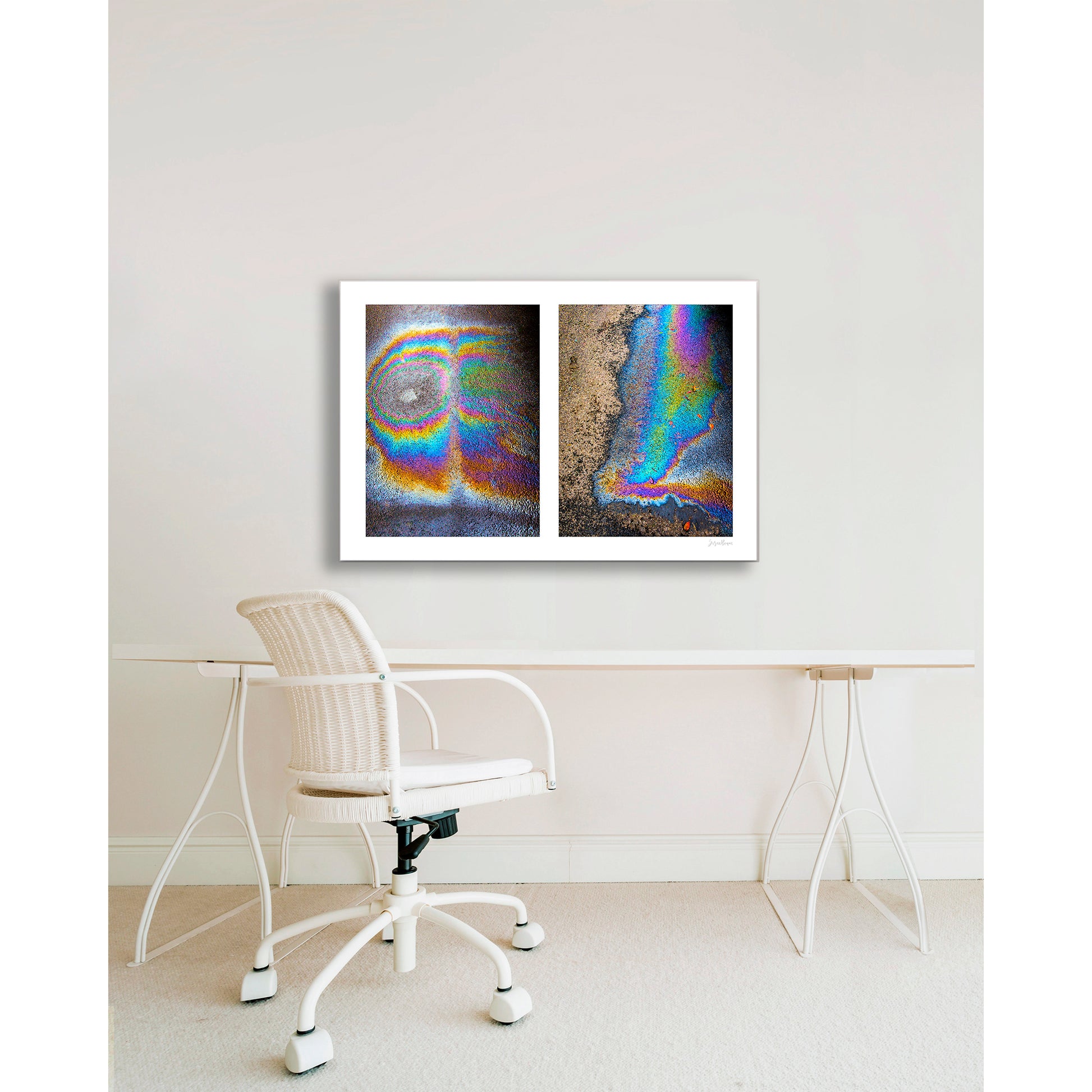 A diptych of two abstract photographs of oil spills on an asphalt surface, with vibrant multicolored patterns.