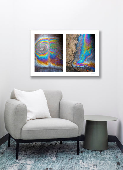 A diptych of two abstract photographs of oil spills on an asphalt surface, with vibrant multicolored patterns.