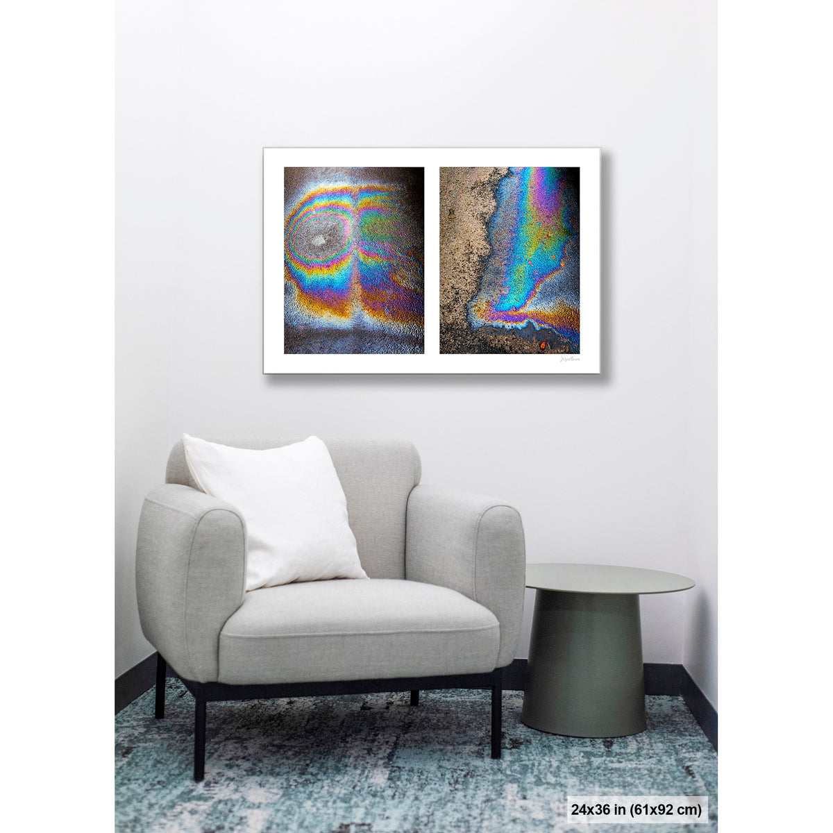 Oil Spill Pair artwork by Susan Bowen, shown as 24x36 print. Features iridescent oil spills on wet asphalt photographed as vivid abstract diptych, cycling through rainbow hues of blue, gold, and violet.