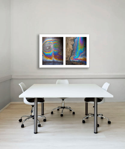 A diptych of two abstract photographs of oil spills on an asphalt surface, with vibrant multicolored patterns.