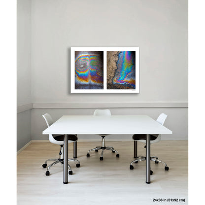 Oil Spill Pair artwork by Susan Bowen, shown as 24x36 print. Features iridescent oil spills on wet asphalt photographed as vivid abstract diptych, cycling through rainbow hues of blue, gold, and violet.