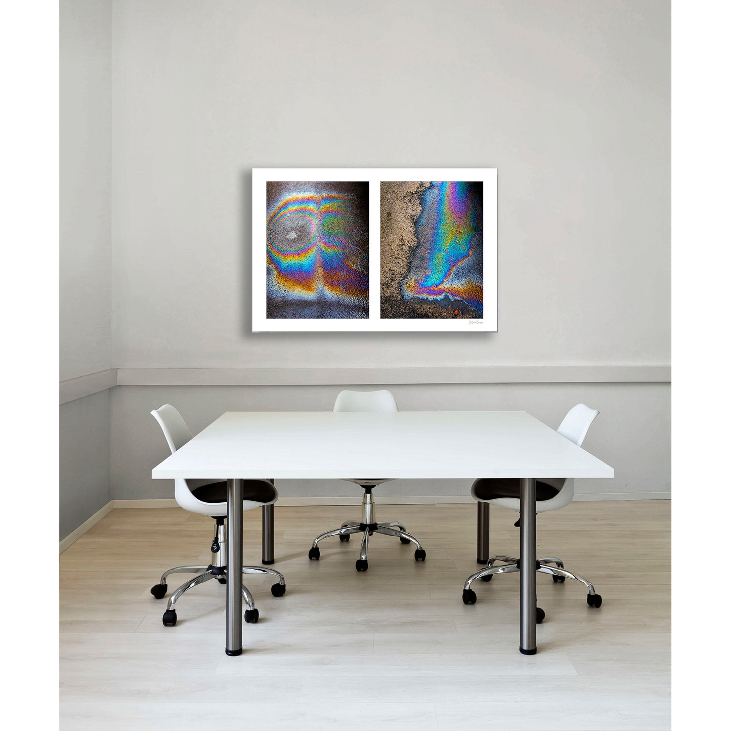 A diptych of two abstract photographs of oil spills on an asphalt surface, with vibrant multicolored patterns.