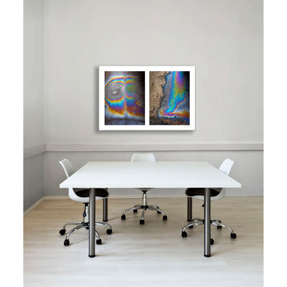 A diptych of two abstract photographs of oil spills on an asphalt surface, with vibrant multicolored patterns.