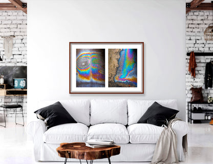 A diptych of two abstract photographs of oil spills on an asphalt surface, with vibrant multicolored patterns.