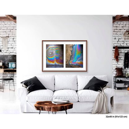 Oil Spill Pair artwork by Susan Bowen, shown as 32x48 framed print. Features iridescent oil spills on wet asphalt photographed as vivid abstract diptych, cycling through rainbow hues of blue, gold, and violet.