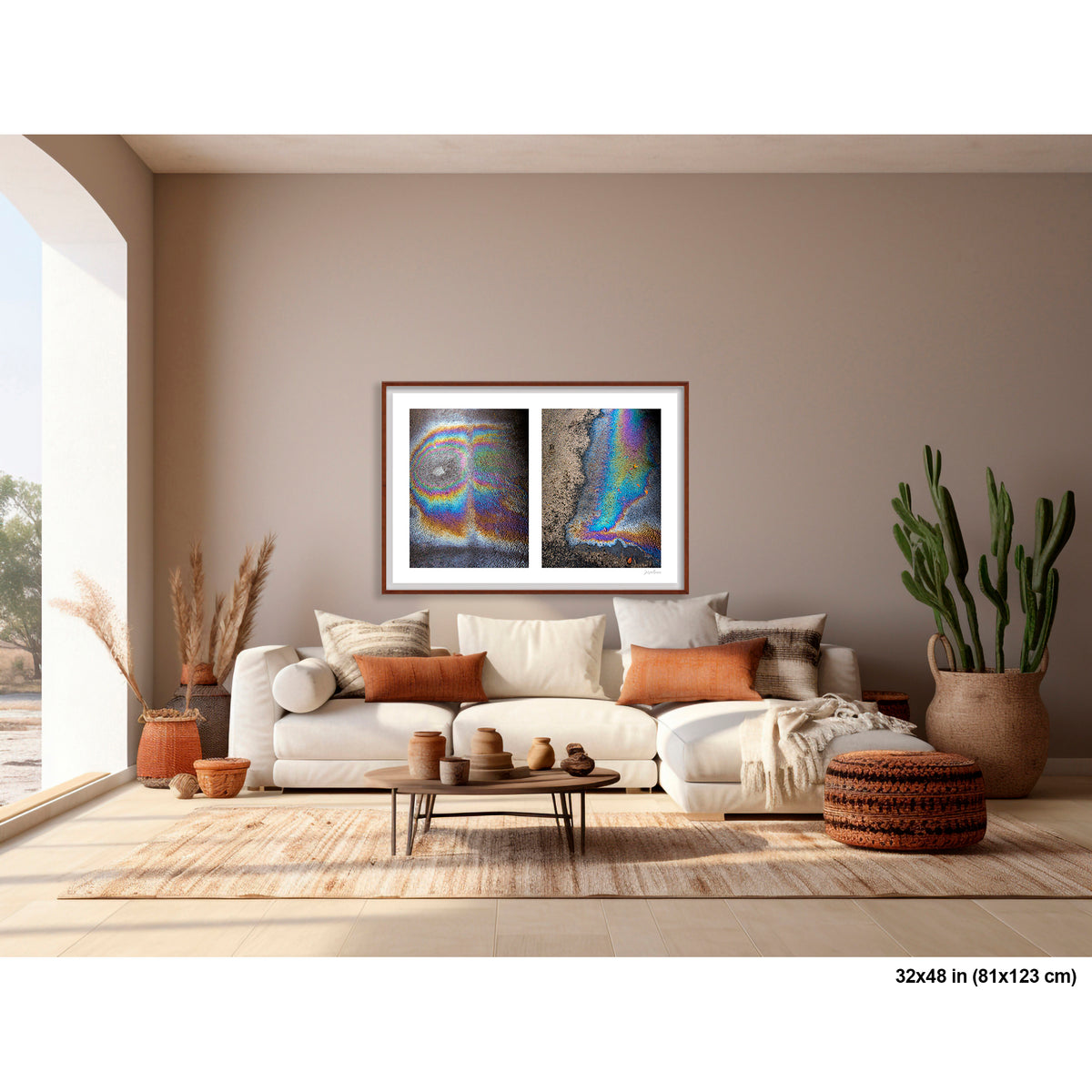 Oil Spill Pair artwork by Susan Bowen, shown as 32x48 framed print. Features iridescent oil spills on wet asphalt photographed as vivid abstract diptych, cycling through rainbow hues of blue, gold, and violet.