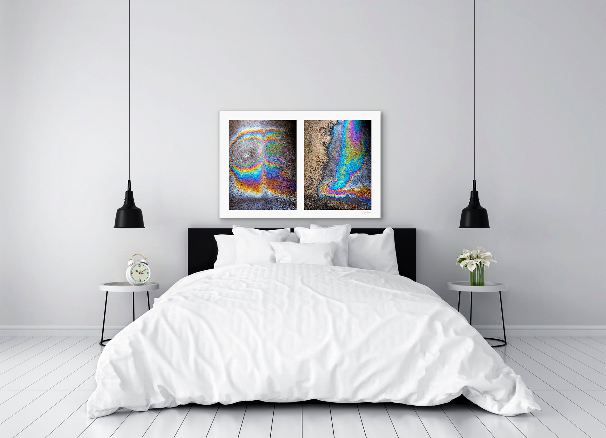 A diptych of two abstract photographs of oil spills on an asphalt surface, with vibrant multicolored patterns.