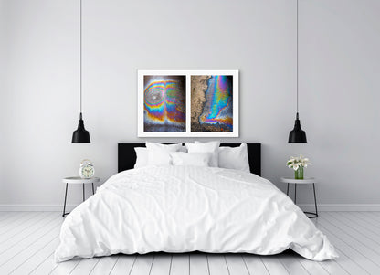 A diptych of two abstract photographs of oil spills on an asphalt surface, with vibrant multicolored patterns.